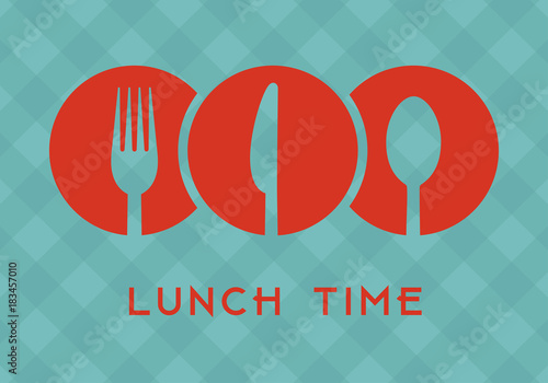 Lunch time with cutlery icons over green tablecloth