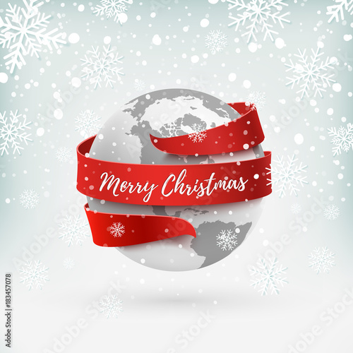 Merry Christmas, earth icon with red ribbon around it.