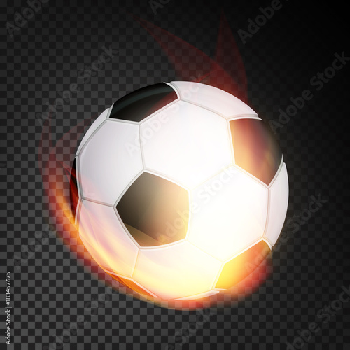 Football Ball In Fire Vector Realistic. Burning Football Soccer Ball. Transparent Background