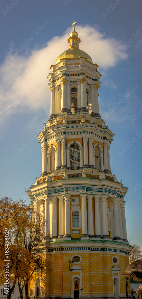 Ukrainian landmark, Lavra bell tower cathedral. Great Lavra Bell Tower or the Great Belfry. Kiev, Ukraine. Panoramic