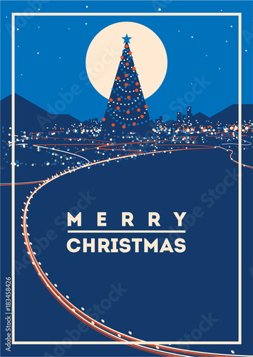 Big Christmas tree with city lights minimalistic vector illustration