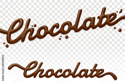 Chocolate text isolated on transparent background. Chocolate hand drawn lettering. Cream splashes. Vector design element for advertising, packaging, poster, menu. Eps 10.