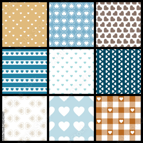 9 Different Seamless Pattern Hearts Blue/Brown