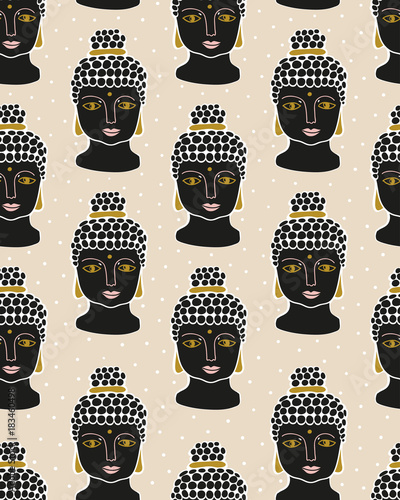 Vector buddha seamless pattern on the polka dot background. Hand drawn print design for fabric, wrap paper or wallpaper.