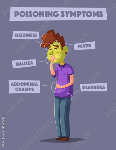 Unhappy person vomiting from food poisoning. Cartoon vector illustration