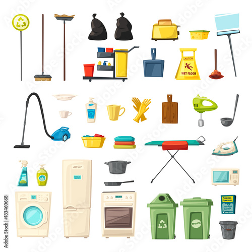 Household set and cleaning supplies icons. Cartoon vector illustration