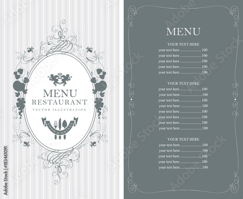 Vector menu for restaurant or cafe with floral ornaments and price list in Baroque style on striped background