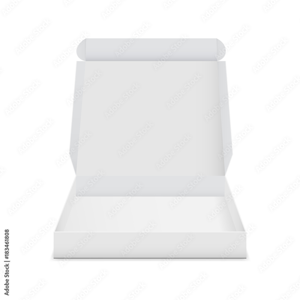 Empty box with open lid - front view. Mockup isolated on white background for your design or branding. Vector illustration Empty box with open lid - front view. Mockup isolated on white background for your design or branding. Vector illustration