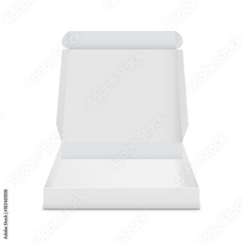 Empty box with open lid - front view. Mockup isolated on white background for your design or branding. Vector illustration