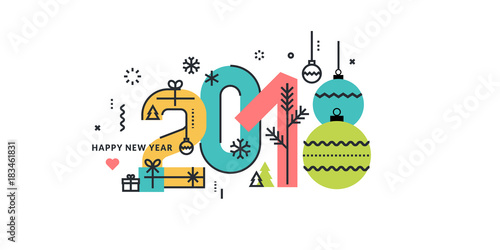 Flat line style New Year 2018 greeting card. Vector illustration concept for greeting cards, website and mobile banners, marketing material.