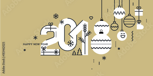 New Year 2018 greeting card. Flat line style vector illustration for greeting cards, website and mobile banners, marketing material.