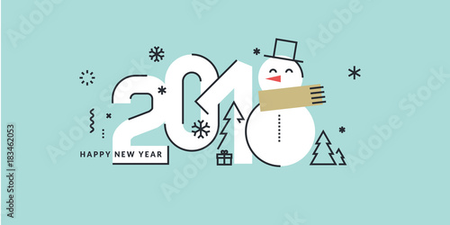 New Year 2018 flat line style greeting card. Vector illustration template for greeting cards, website and mobile banners, marketing material.