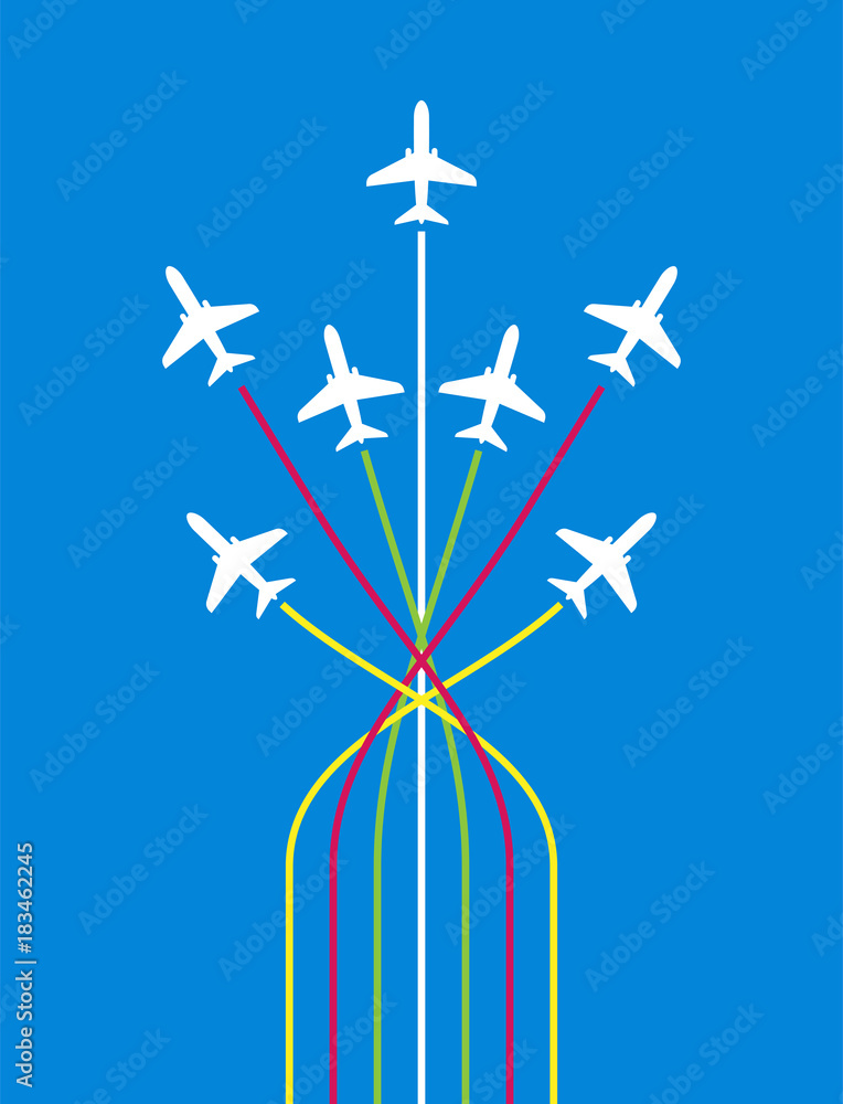 Airplane Flying Formation In Blue Sky, Air Show Display, The Disciplined Flight Airplane Flying Formation In Blue Sky, Air Show Display, The Disciplined Flight