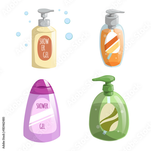 Cartoon trendy design different color bottles icons set. Shower gel and liquid soap vector illustrations.