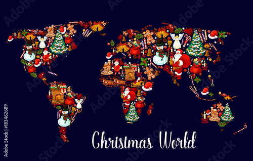 Christmas world map with New Year holiday symbols