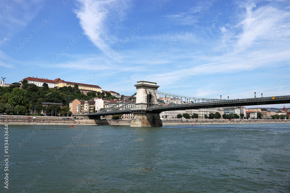 Chain bridge on Danube river Budapest city Hungary