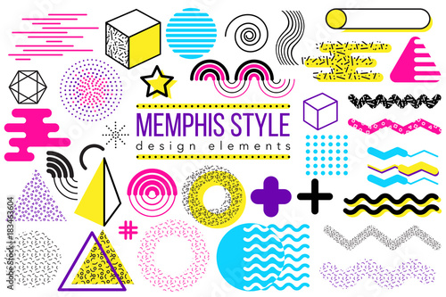 Abstract vector design elements set. Memphis style geometric shapes and forms collection to create poster, brochure, layout, template or presentation. Easy to combine and edit