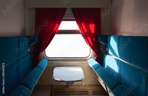 Railroad train interior with clipping path for window, blue seats