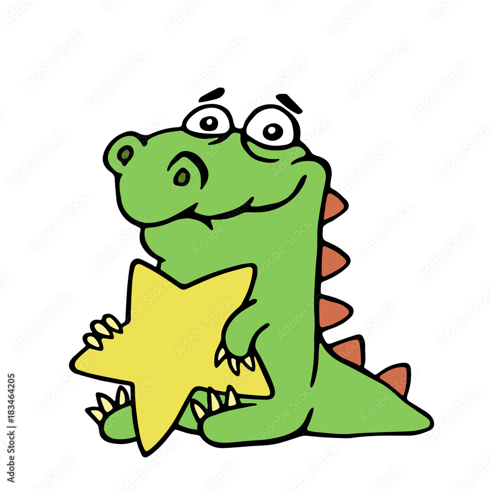 Funny cheerful dragon holds in his paws a large gold star on white background. Vector illustration. Funny cheerful dragon holds in his paws a large gold star on white background. Vector illustration.