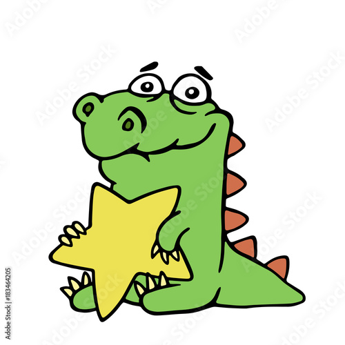 Funny cheerful dragon holds in his paws a large gold star on white background. Vector illustration.