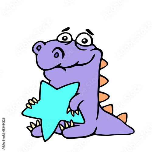 Cute dinosaur hugs a big blue star on white background. Vector illustration.