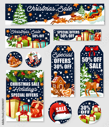 Christmas sale tag and winter holiday offer banner