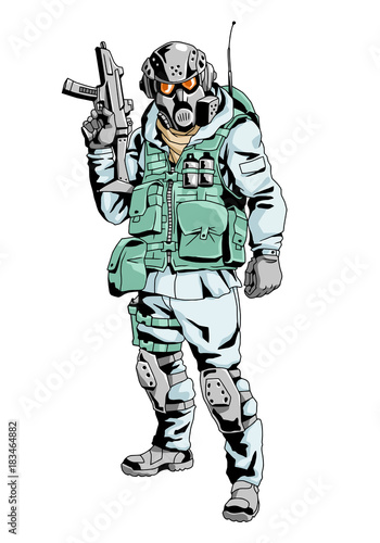 snow soldier in a gas mask,illustration,art,design,color