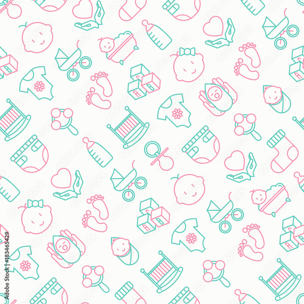 Baby care seamless pattern with thin line icons: newborn, diaper, pacifier, crib, footprints, bathtub with bubbles. Vector illustration for background. Baby care seamless pattern with thin line icons: newborn, diaper, pacifier, crib, footprints, bathtub with bubbles. Vector illustration for background.