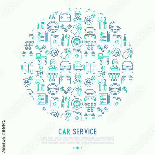 Car service concept in circle with thin line icons of mechanic  computer diagnostics  tools  wheel  battery  transmission  jack. Modern vector illustration for banner  web page  print media.