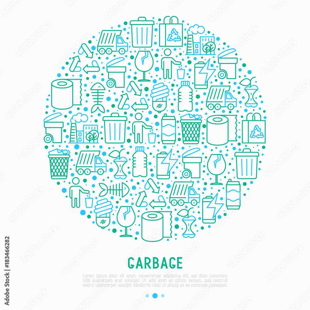 Garbage concept in circle with thin line icons: garbage bin, organic trash, garbage truck, glass, recycled paper, aluminium, battery, plastic bottle. Modern vector illustration for web page.