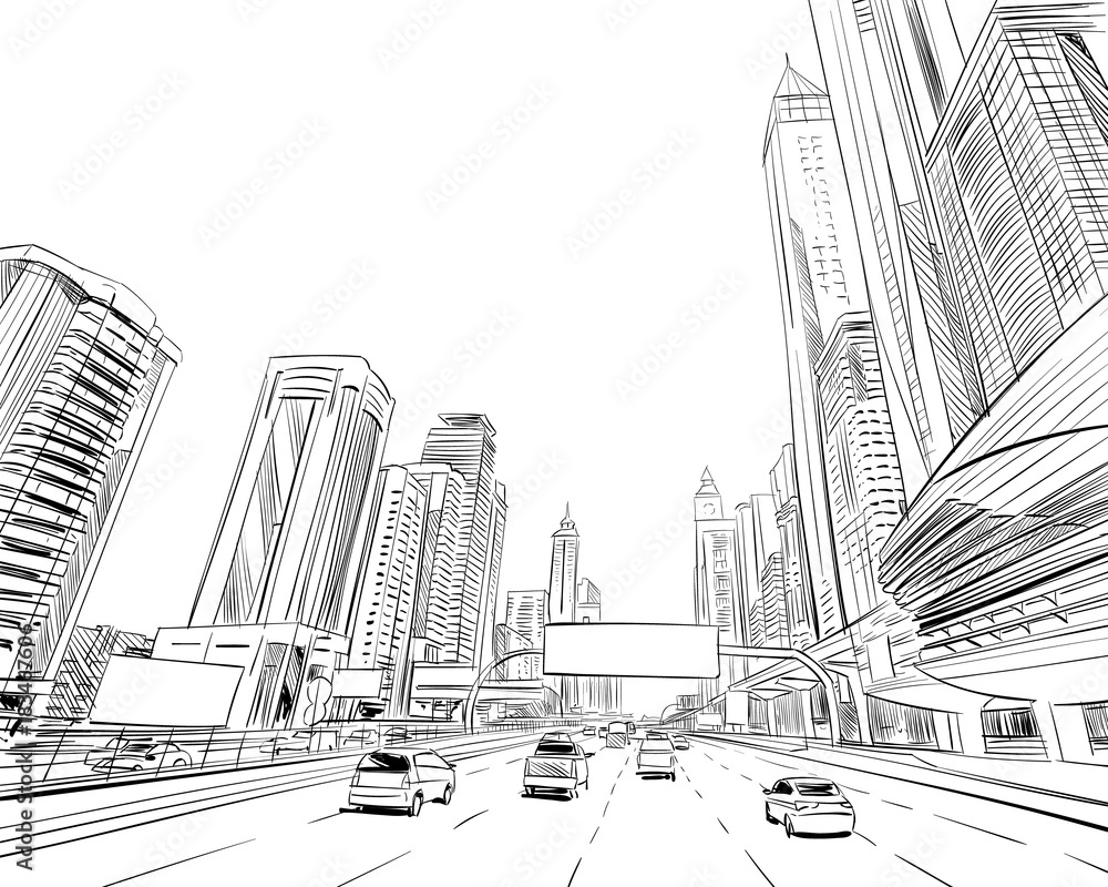 Fototapeta premium Dubai. Zjednoczone Emiraty Arabskie. Ręcznie rysowane szkic miasta. Ilustracji wektorowych.