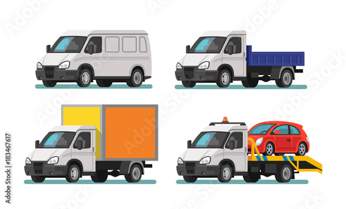 Set of delivery cars and tow truck.