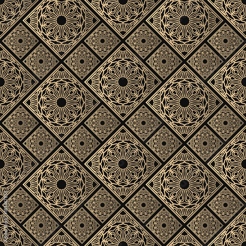 Seamless pattern oriental ornament. Black and golden textile print. Islamic vector design. Floral tiles.