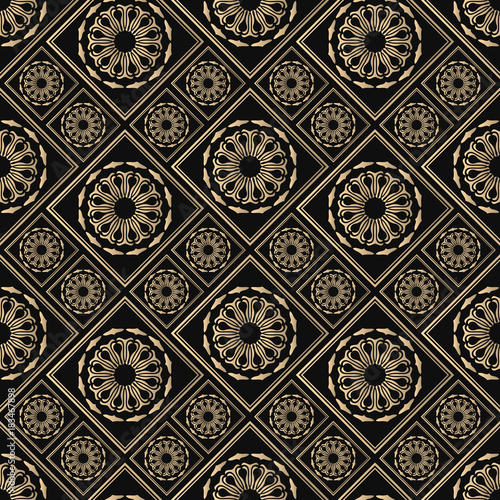 Seamless pattern oriental ornament. Black and golden textile print. Islamic vector design. Floral tiles.