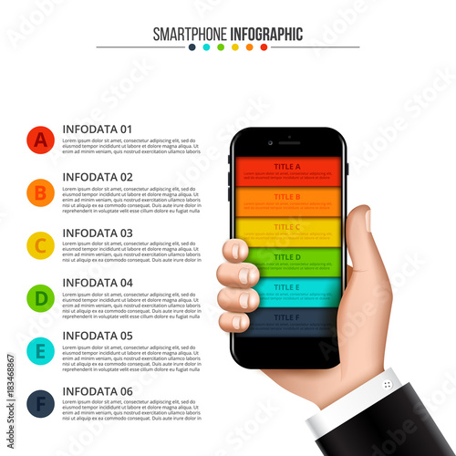 Vector human hand holds a mobile phone. Can be used for workflow layout, diagram, number options, step up options, web design, banner template, infographic.