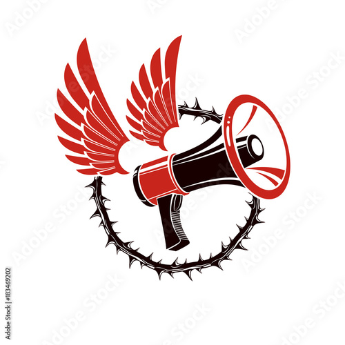 Vector winged illustration composed with loudspeaker equipment surrounded by thorn of crowns. Public relations concept, propaganda as a powerful weapon of influence on social behavior.