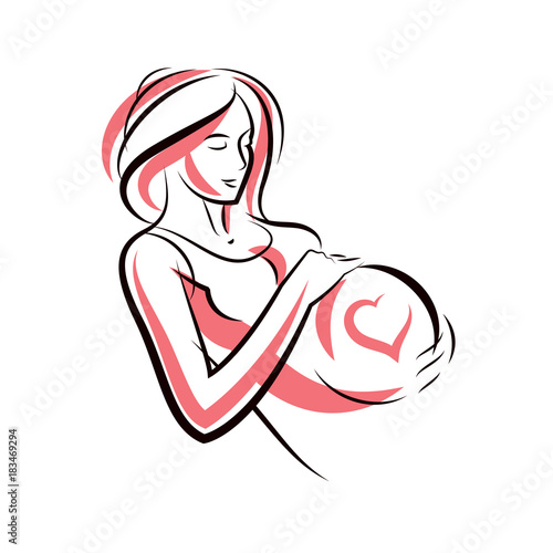 Beautiful pregnant female body silhouette with heart shape.  Mother-to-be drawn vector illustration. Happiness and caring theme.