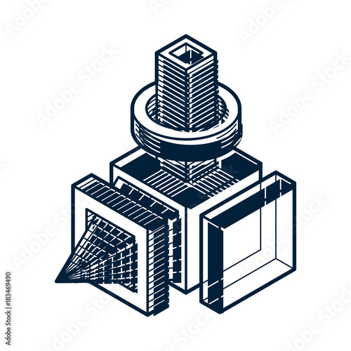Abstract trigonometric construction, vector dimensional design template.