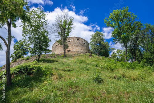 Round tower of ruined castle in Terebovlia city, Ukraine