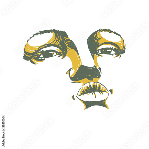 Illustration of lady face, delicate visage features. Eyes and lips of a woman expressing positive emotions, delicate stylish tender girl giving a kiss