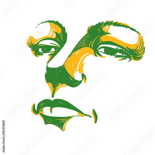 Colorful illustration of lady face, delicate visage features. Eyes and lips of a sorrowful woman, emotional expression.