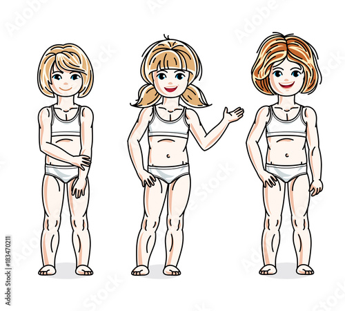 Cute happy little girls posing in white underwear. Vector set of beautiful kids illustrations. Childhood and family lifestyle cartoons.