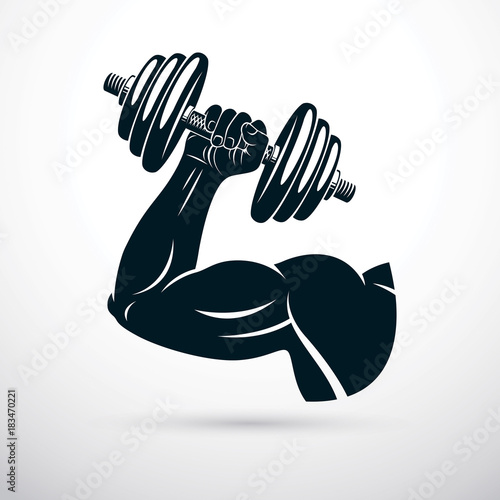 Vector illustration of athletic sportsman arm holding dumbbell. Fitness workout.