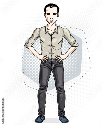 Confident handsome brunet young man standing. Vector illustration of male wearing casual clothes, jeans pants and cotton shirt.