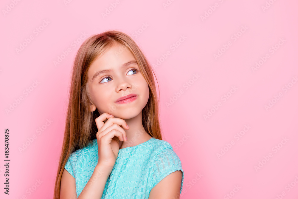 Close up portrait of cute beautiful charming lovely small girl lost in thought, she is fantasizing about new toys isolated on bright pink background, copyspace Close up portrait of cute beautiful charming lovely small girl lost in thought, she is fantasizing about new toys isolated on bright pink background, copyspace