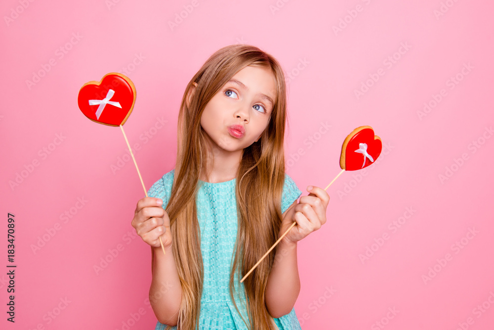 So cute, lovely and funny! Portrait of beautiful sweet girl wearing light blue dress, she is dreaming about confectionery and pastry, isolated on bright pink background So cute, lovely and funny! Portrait of beautiful sweet girl wearing light blue dress, she is dreaming about confectionery and pastry, isolated on bright pink background