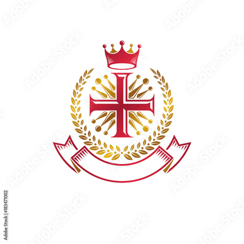 Christian Cross golden emblem created with royal crown, laurel wreath and luxury ribbon. Heraldic Coat of Arms decorative logo isolated vector illustration. Religion and spirituality symbol.