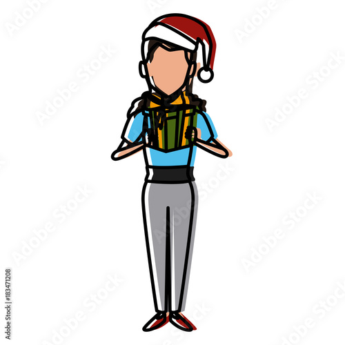 Woman with christmas giftbox icon vector illustration graphic design