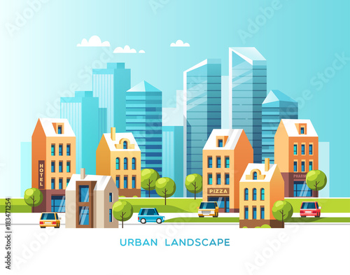 Urban summer landscape. City with skyscrapers and traditional buildings and houses, trees, cars. Vector illustration.