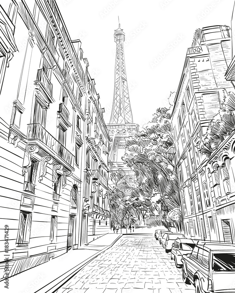 Eiffel Tower vector sketch. Paris, France. Hand drawn vector illustration